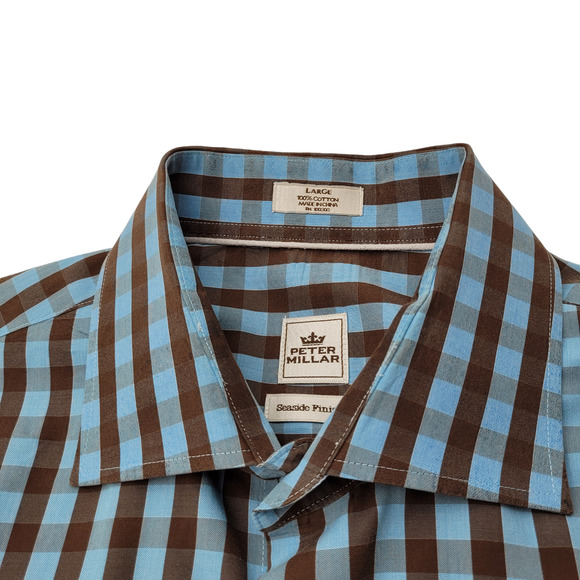 Peter Millar Men's Blue and Brown Check Button Down Shirt "Seaside Finish" Large - Picture 1 of 4